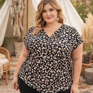 Addition Elle Plus Size Black & Tan Leopard Print Top | Chic Animal Print Blouse